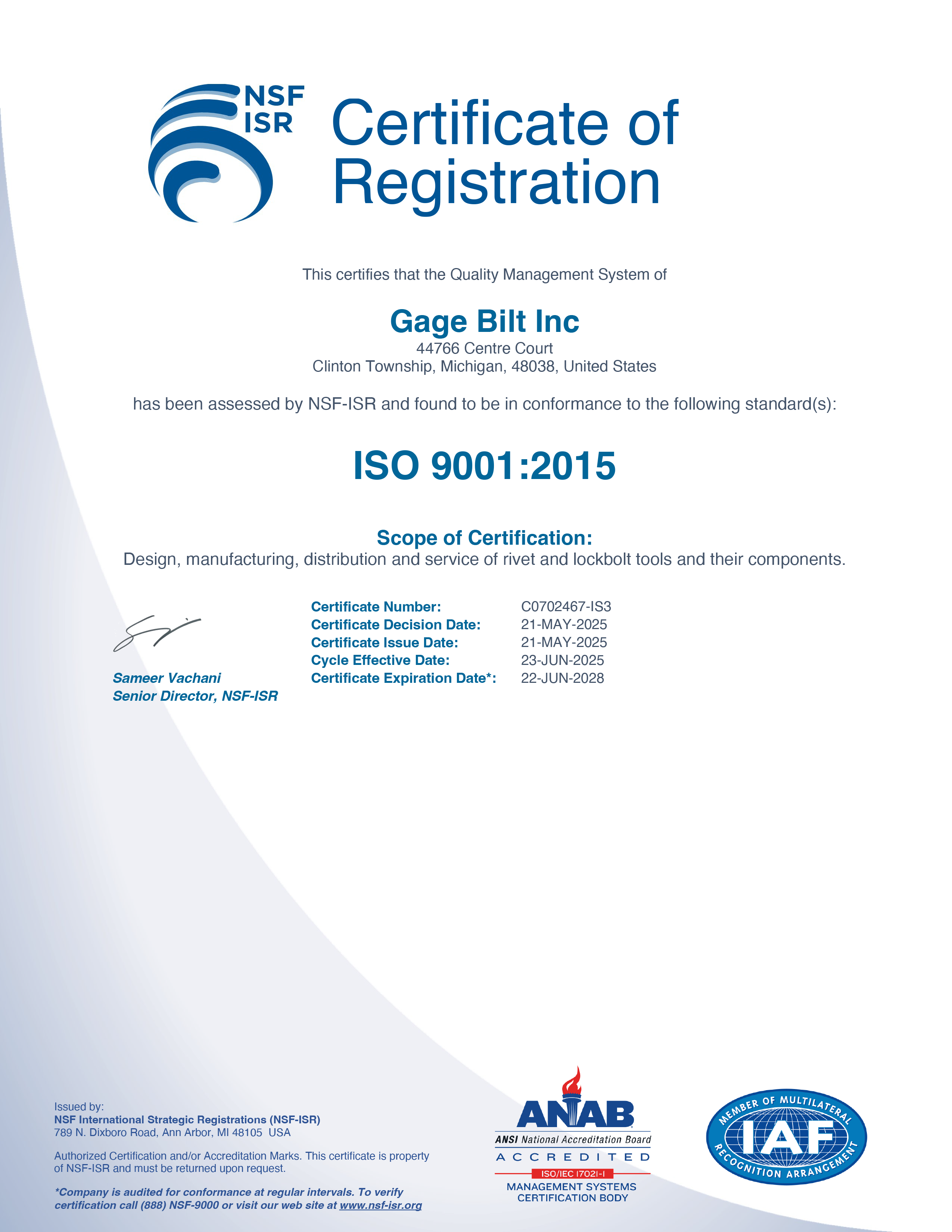 GAGE BILT ISO Certification